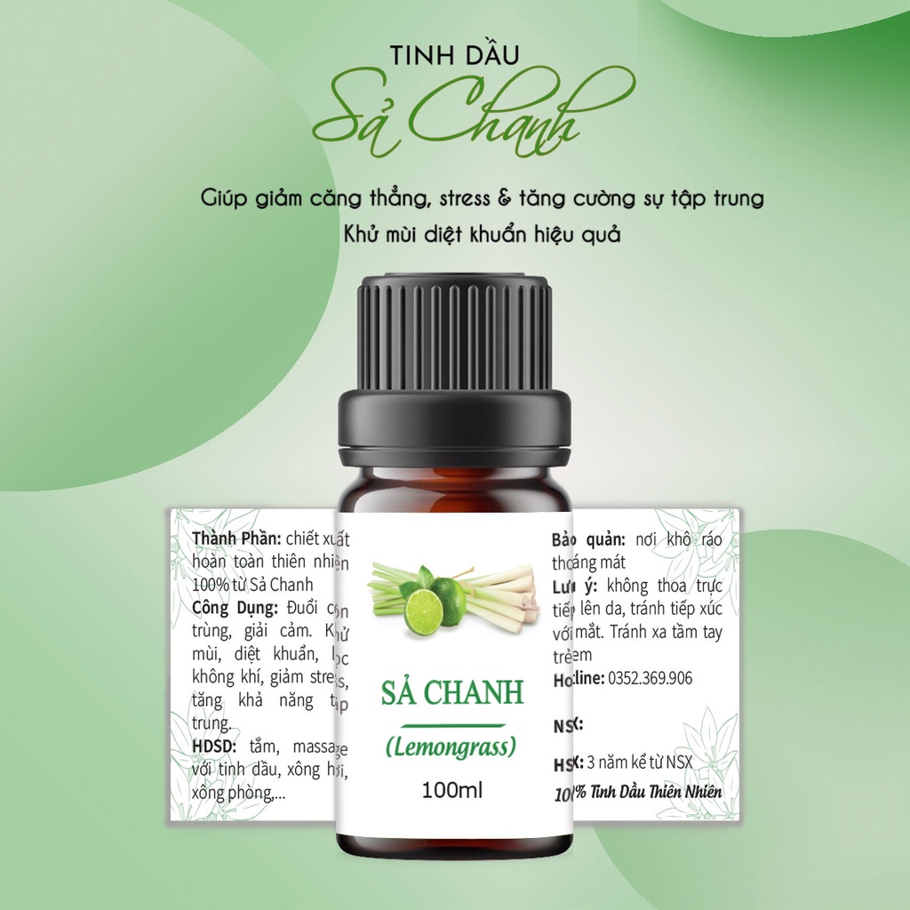 Tinh dầu Sả Chanh 100ml, đuổi muỗi, côn trùng, xông phòng, thiên nhiên nguyên chất