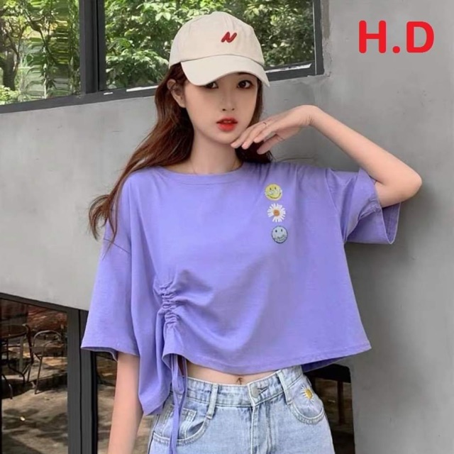 Áo croptop dây rút hoa cúc mặt cười HĐ12