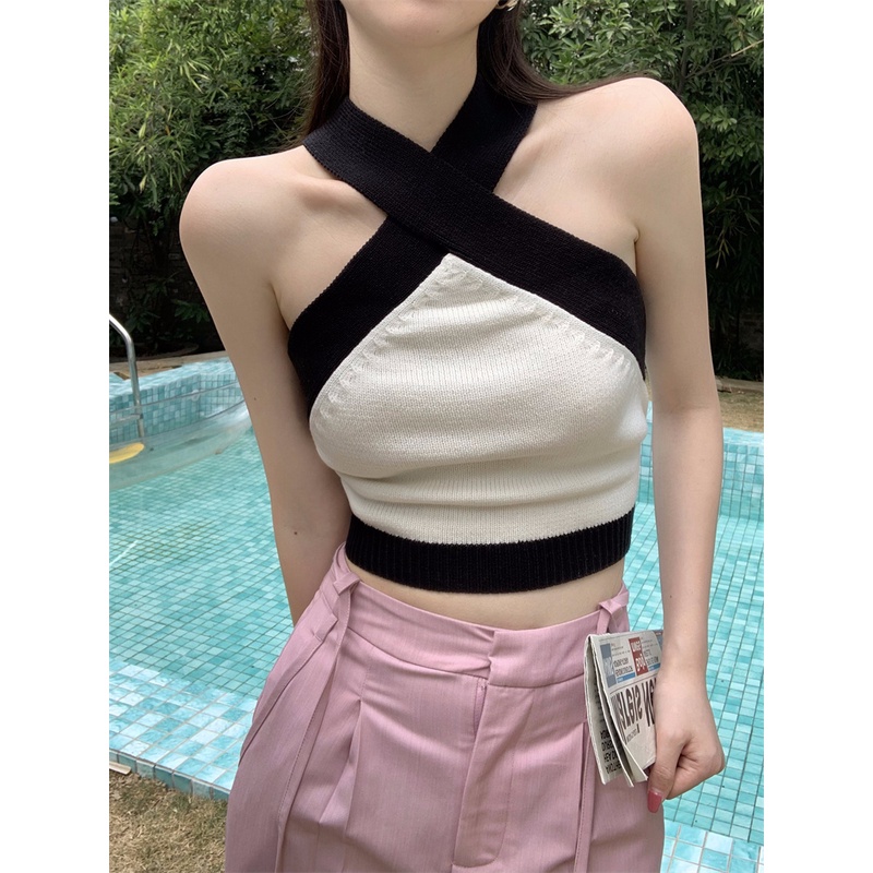 Áo Dệt Kim Hai Dây Ngắn Phong Cách Âu Mỹ Gợi Cảm Thời Trang Cho Nữ