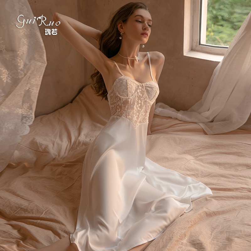 Váy ngủ dáng dài - Ruoruo Brand Autumn Sexy Lace See-through Pajamas Women's Long Satin Slip Nightdress Homewear Suit 1257