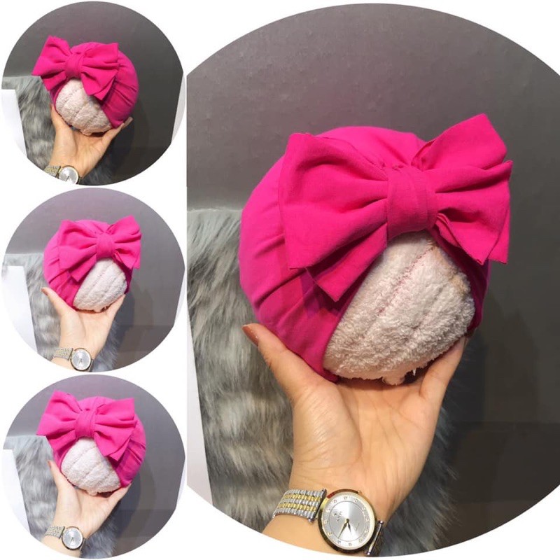 mũ turban mẫu hồng đậm kèm nơ lạ măt (5-10kg)