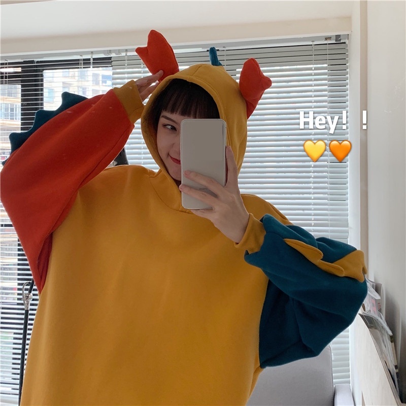 Áo hoodie tay dài nam nữ nhóm có nón mũ trùm đầu thu đông tai khủng long sừng gai đuôi nhiều 3 màu sắc ullzang