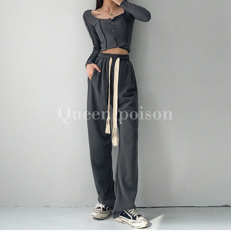 Quần thể thao ống rộng lưng cao phong cách Âu Mỹ thời trang xuân thu dành cho nữ