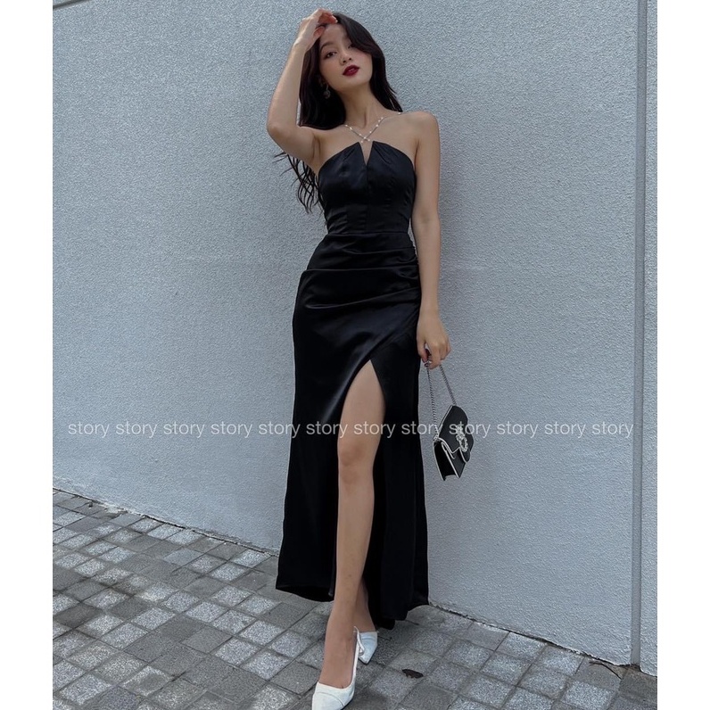 ĐẦM BODY ĐEN CỔ YẾM DÁNG DÀI XẾP LY NHÚN EO XẺ TÀ ĐÙI SEXY (CÓ ẢNH THẬT)