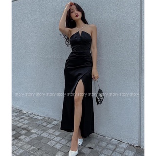 ĐẦM BODY ĐEN CỔ YẾM DÁNG DÀI XẾP LY NHÚN EO XẺ TÀ ĐÙI SEXY (CÓ ẢNH THẬT)