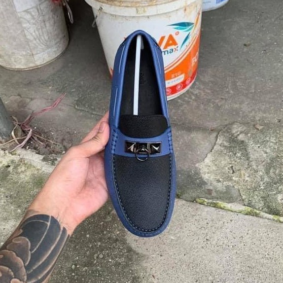 👞HIGH FASHION👞 Giày Moca da bê Like Auth xanh lưỡi đen móc khóa bạc NV MLN HV size 4-5-6-7-8