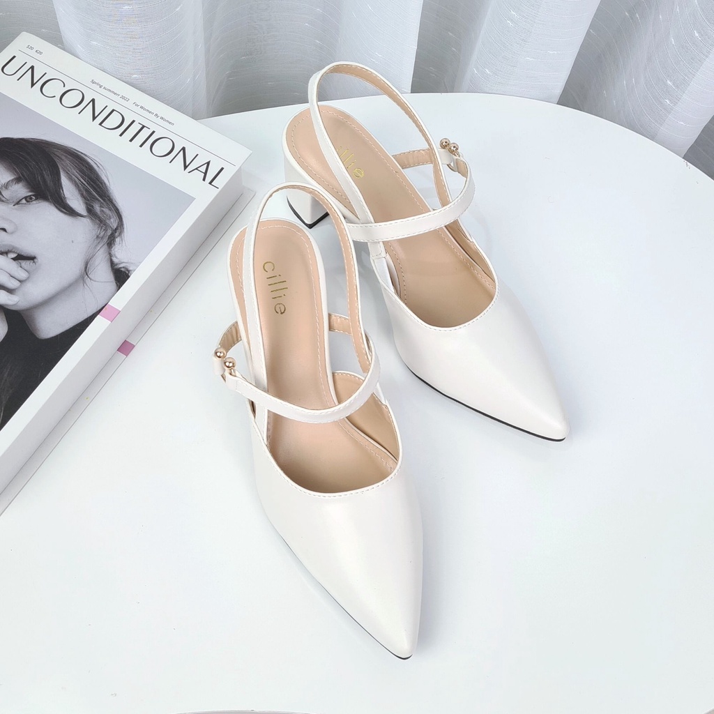 Giày cao gót slingback nữ bít mũi thời trang đế vuông mũi nhọn cao 5cm đi làm công sở đi tiệc Cillie 1115