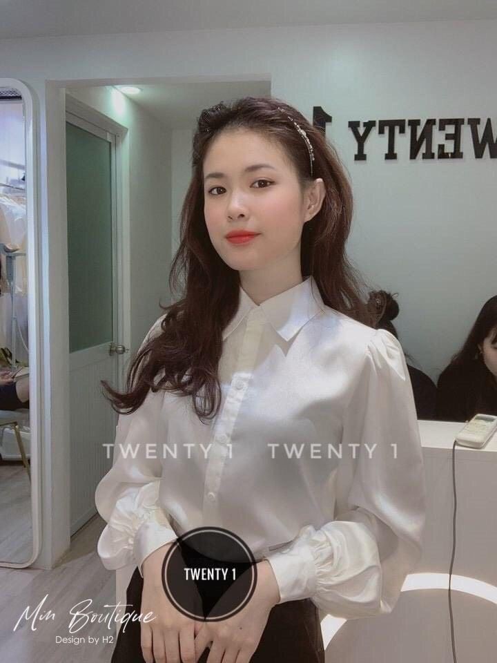 Áo sơ mi cổ đức chất vải lụa bóng bo tay bồng tiểu thư cá tính