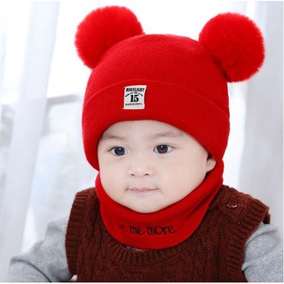 Mũ len 2 quả bông kèm khăn cho bé