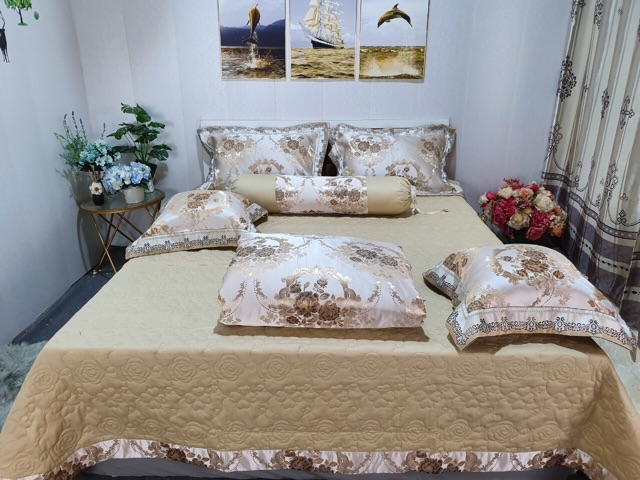 Bộ chăn ga gối Gấm nhập 7 món hàng đẹp ( ảnh chụp thật)
