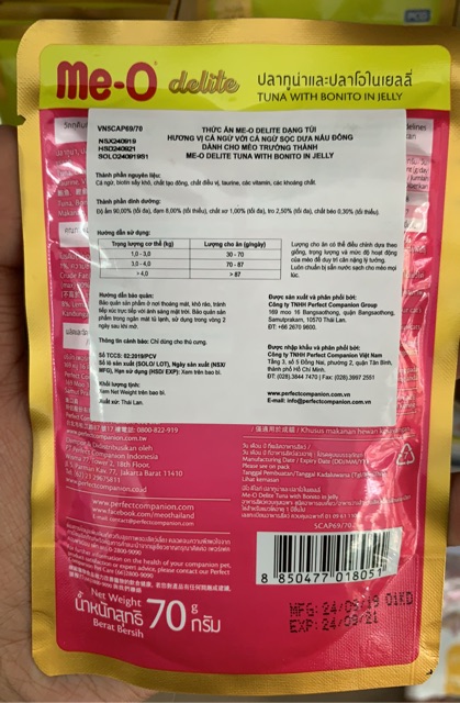 Pate đóng gói Me-o Delite cho mèo