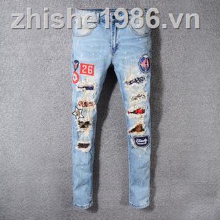 Amiri Jeans♛∏◑Europe and the United States high street fashion ripped jeans male AMIRI popular logo badge embroidery p