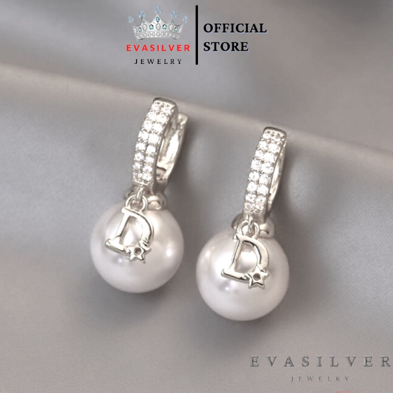 Bông tai nữ bạc ta cao cấp móc chữ D đính hạt trai nhân tạo - Trang sức bạc Evasilver