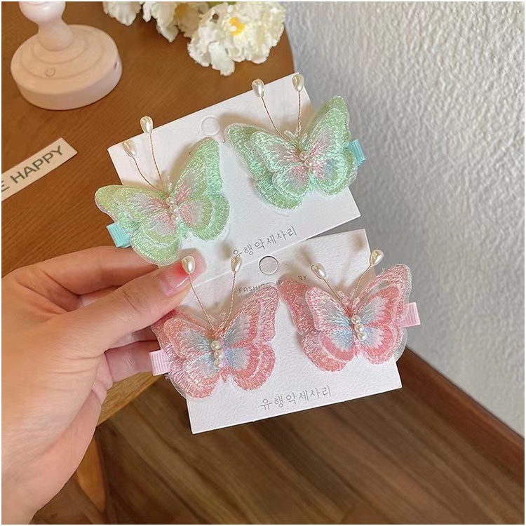 Set 2 Kẹp Tóc Hình Bướm Đính Ngọc Trai Xinh Xắn Cho Bé Gái | Kẹp Chuyển Động Ngọt Ngào Của Cô Gái | Kẹp Tóc Nơ Không Đau Cho Bé Gái