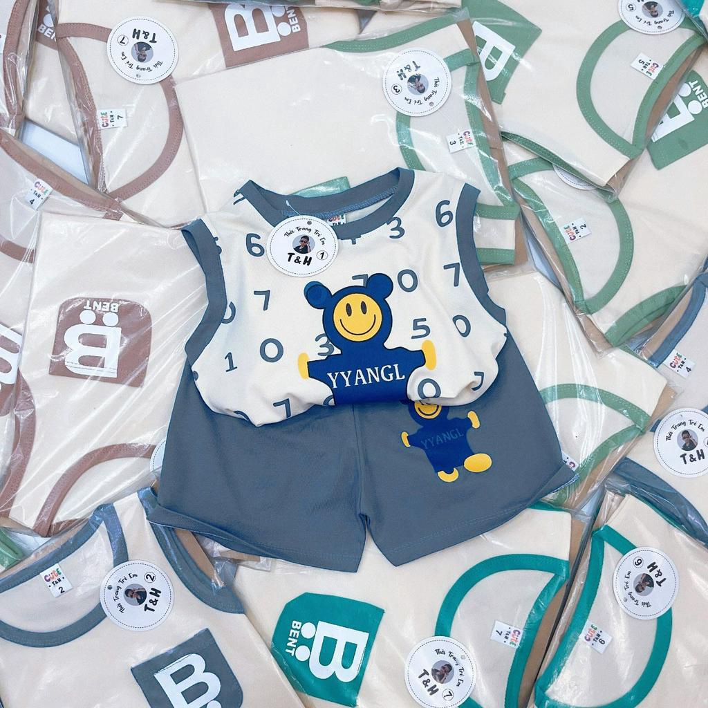 Đồ bộ bé trai - Bộ ba lỗ bé trai họa tiết gấu và số size từ 7-18 kg - Set quần áo mùa hè SUN KID'S