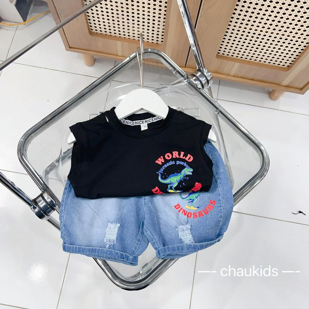 [SALE] Đồ Bộ Cho Bé Trai Áo Cotton Quần Jeans In Khủng Long, Bộ Quần Áo Cộc Tay Hến Hàn Quốc Cho Bé Mặc Hè CK341
