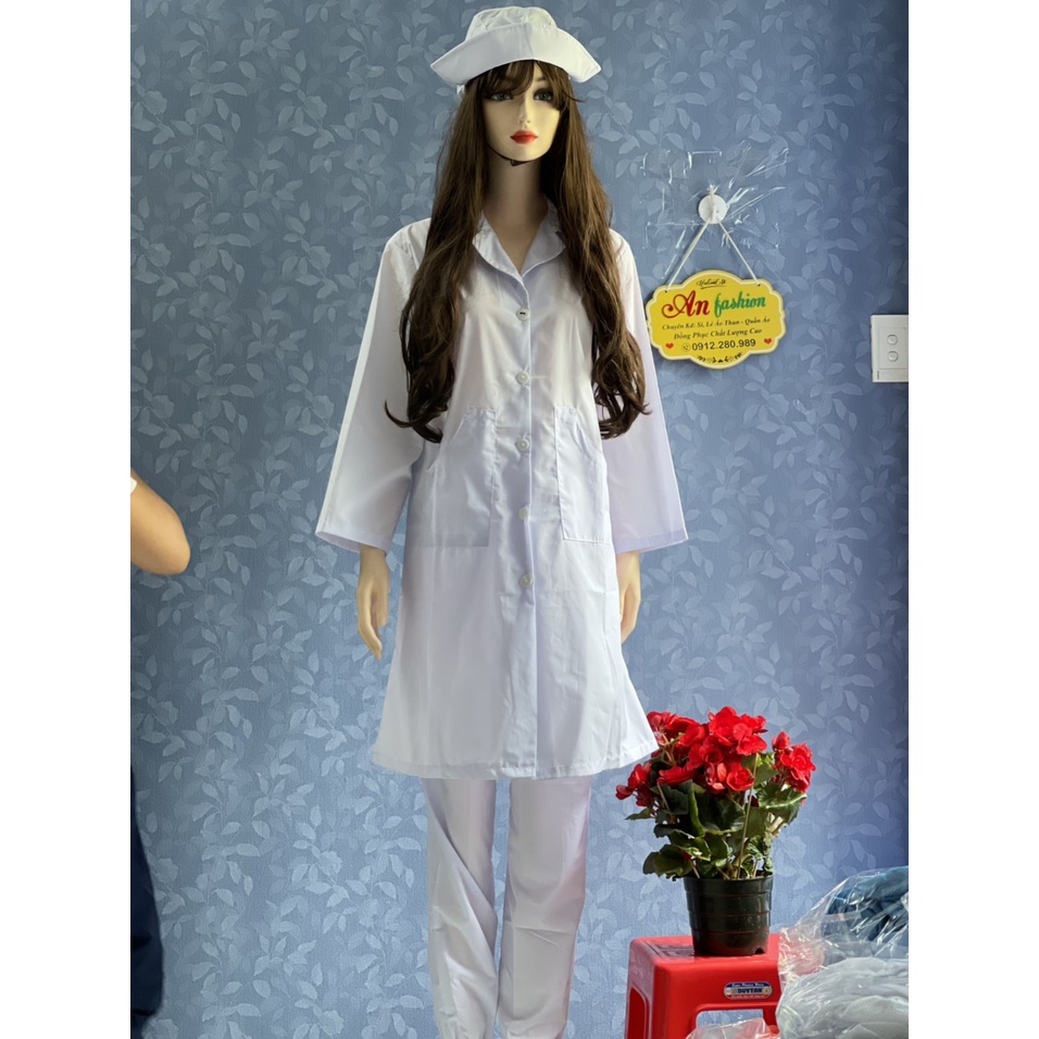 Áo Blouse Kate Nhật Trắng Điều Dưỡng, Áo Bác Sĩ, Dược Sĩ tay dài, dài gối _ Hình chụp thật