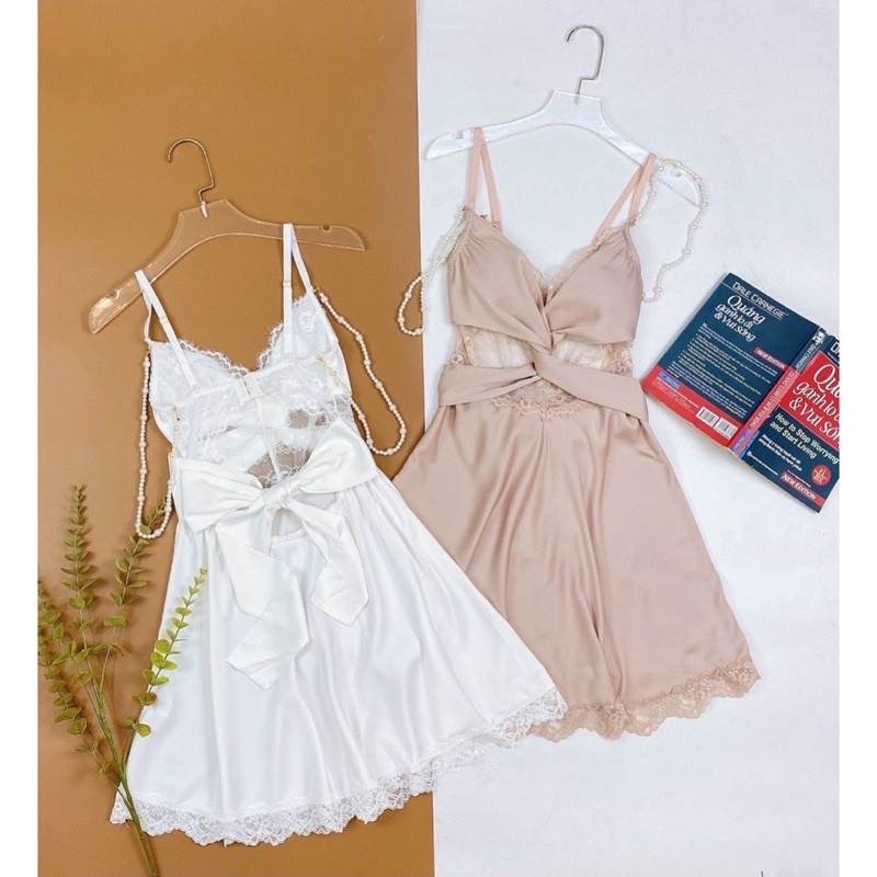 Váy ngủ lụa 2 dây cài lưng phối chuỗi ngọc cao cấp SP