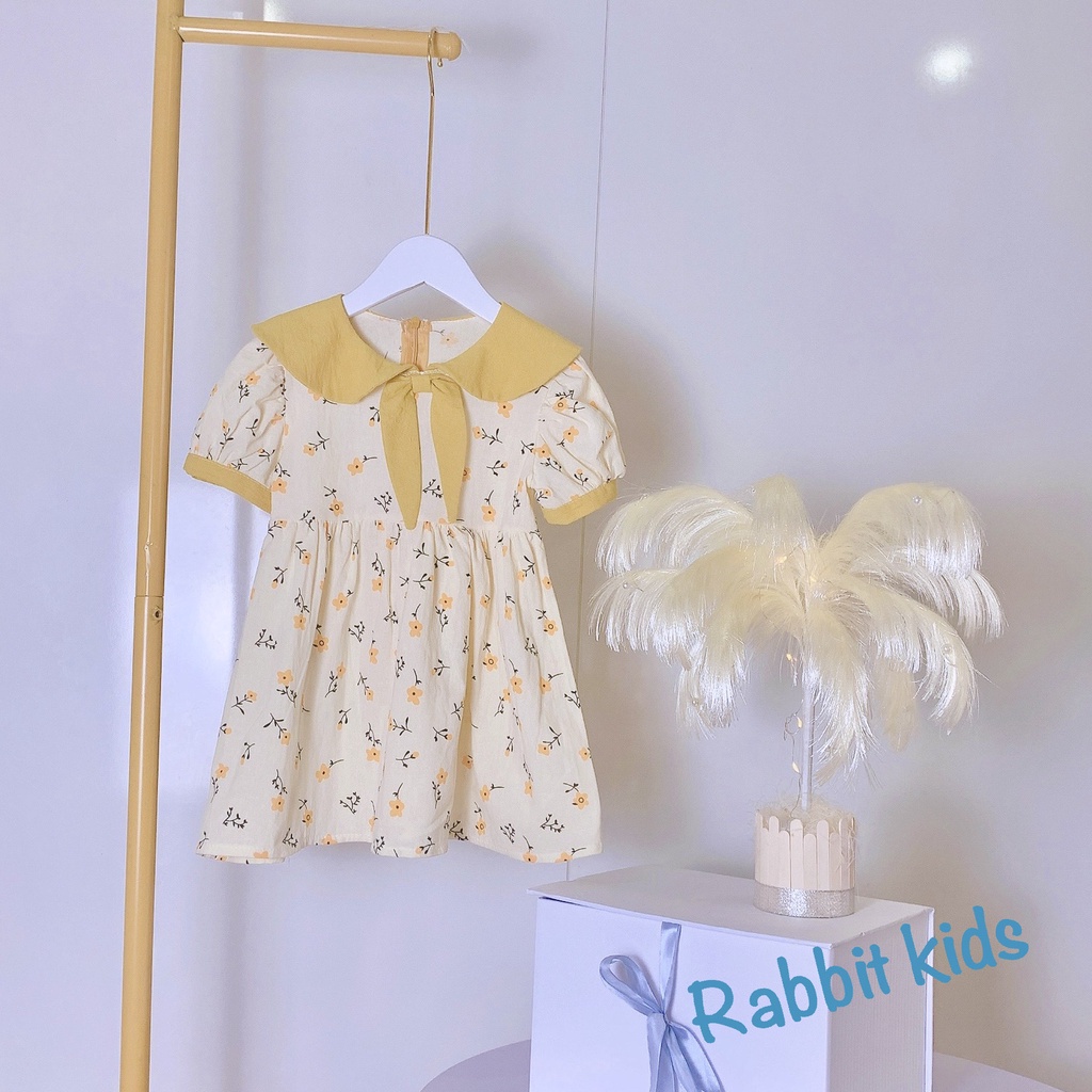 Váy Đi Học Cho Bé Gái Hoa Nơ Cổ Vàng💝FREESHIP💝 Rabbit Kids- Đầm Trẻ Em 0,1,2,3,4,5,6,7,8 Tuổi Chất Thô Cara Mềm Mại