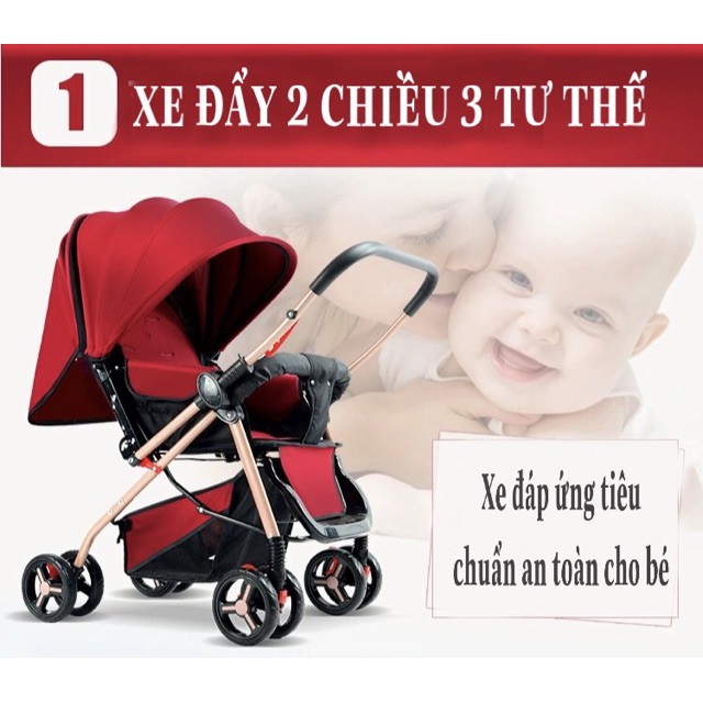Xe Đẩy Cho Bé 2 Chiều 3 Tư Thế gấp gọn cho trẻ em sơ sinh dưới 1 tuổi