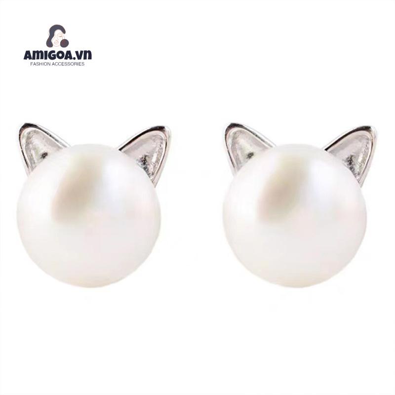 ✨✨Khuyên Tai Bạc 925 Hình Tai Mèo Đính Ngọc Trai Dễ Thương Cho Nữ