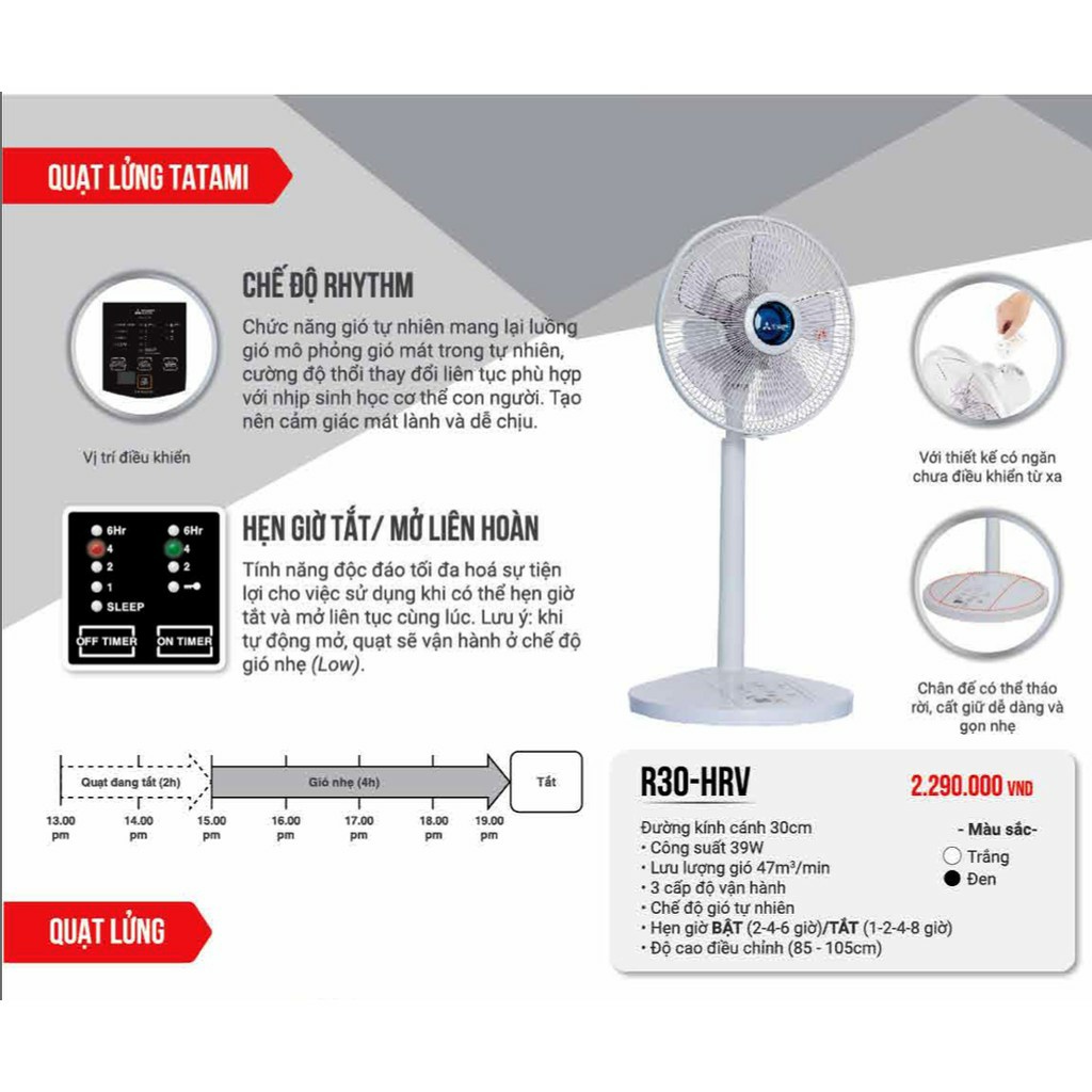 Quạt lửng MITSUBISHI Tatami R30-HRV 39W mã mới R12-HRA WH  R12-HRA BK
