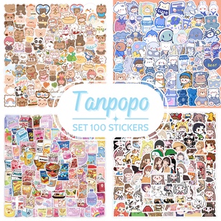Set 100 chiếc sticker chống thấm nước gấu dễ thương đồ ăn nữ sinh chibi dán vali, laptop, nón bảo hiểm