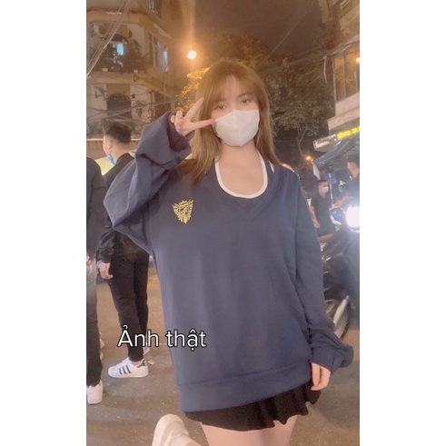 (Ảnhthậtcuối) Set Áo Sweater huy hiệu cổ tim L.Y Store [FREESHIP] Set áo 2 món màu xanh than HOT uzzlang