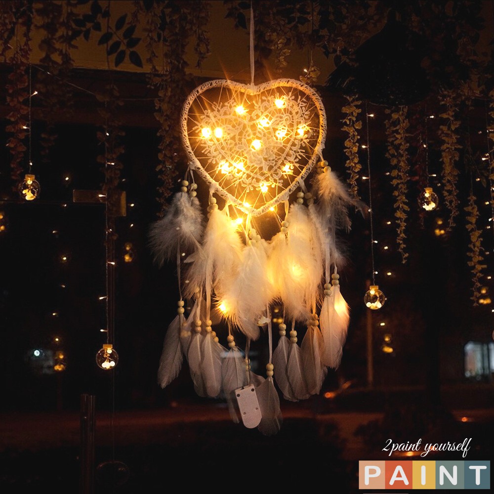 Dreamcatcher lông vũ gắn đèn led decor, Đèn led trang trí