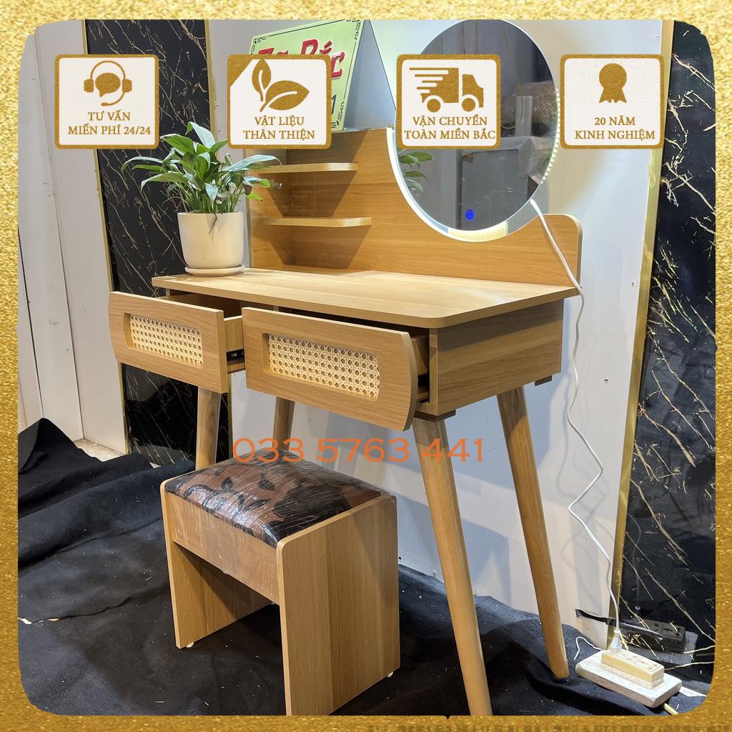 Bàn trang điểm chân chéo gỗ sồi, vận chuyển toàn quốc kiểu dáng vitange kết hợp cánh mây và gương led cảm ứng