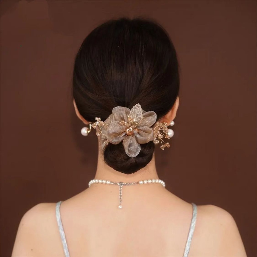 Dây Cột Tóc Đính Hoa Vải Màu Champagne Phong Cách Hàn Quốc Thời Trang Mùa Hè Cho Nữ