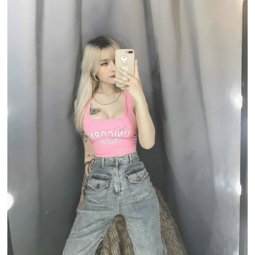 Áo ba lỗ croptop ôm body in chữ trước ngực cực xinh , chất thun bozip dày dặn mềm mịn