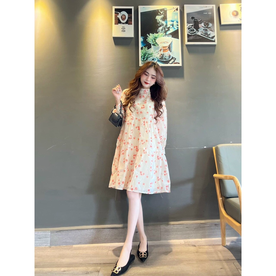 [9.9 Sales Freeship] Đầm hoa babydoll tay dài phồng, đầm hoa đỏ cổ tròn dáng xoè tiểu thư đi biển, đi tiệc xinh xắn