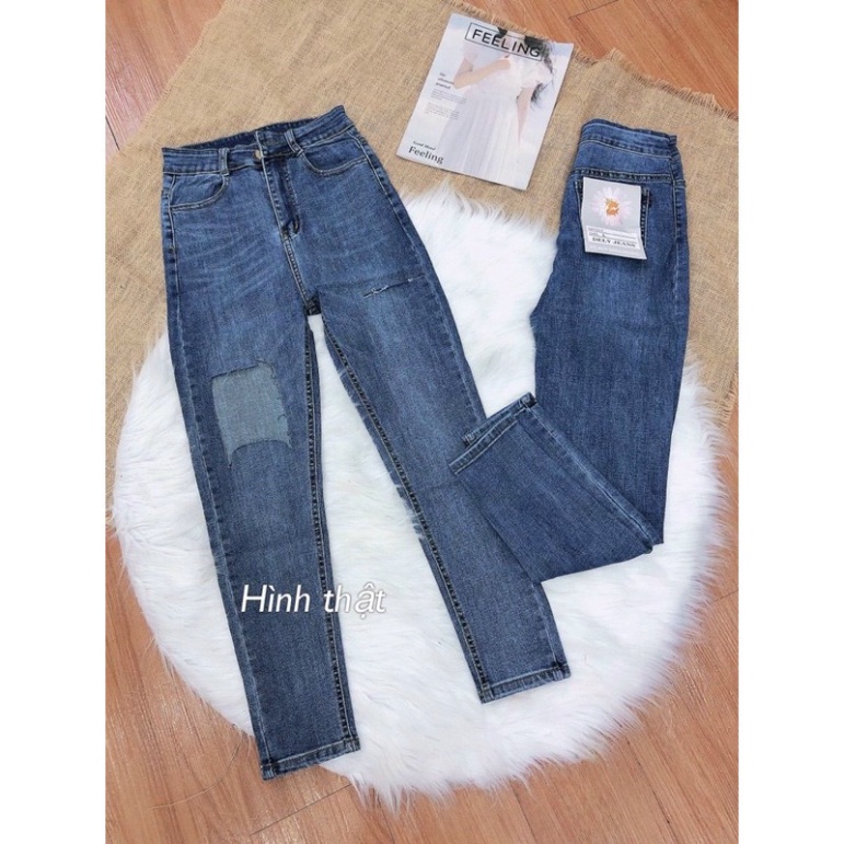 Quần jeans nữ cạp cao rách màu xanh , quần bò nữ lưng cao ôm body rách_u25