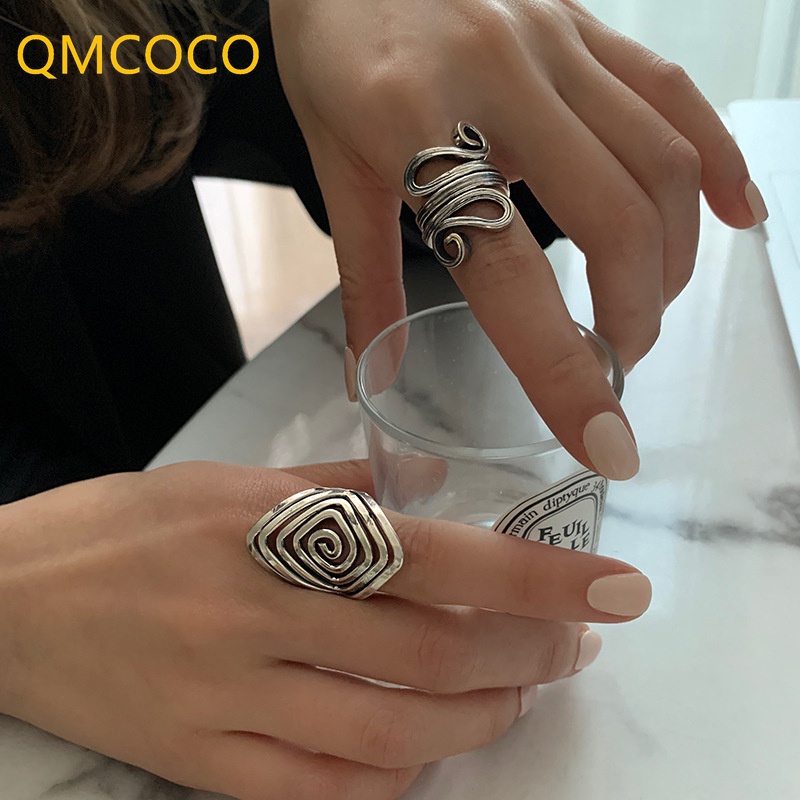 Nhẫn Bạc QMCOCO Họa Tiết Kẻ Sọc Phong Cách Retro Thời Trang Cho Nữ