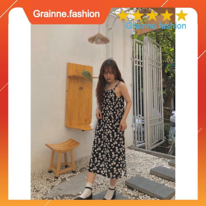 ĐẦM MIDI DÁNG SUÔNG HOA CÚC NỮ TÍM ĐEN TRẮNG - VÁY 2 DÂY ĐŨI MAXI XẺ TÀ HOẠ TIẾT HOA NHÍ DÁNG DÀI ĐI BIỂN HOT 👗 new