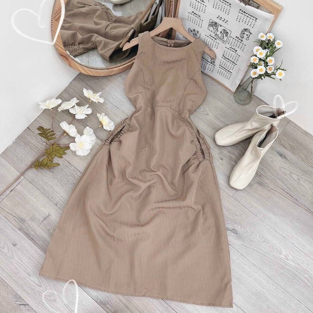 Đầm Cut Out Dáng  Xòe Dài Ôm Body Thiết Kế Túi Sườn Be 2 Bên Dự Tiệc Dạo Phố Sang Chảnh Thời Trang Váy Nư