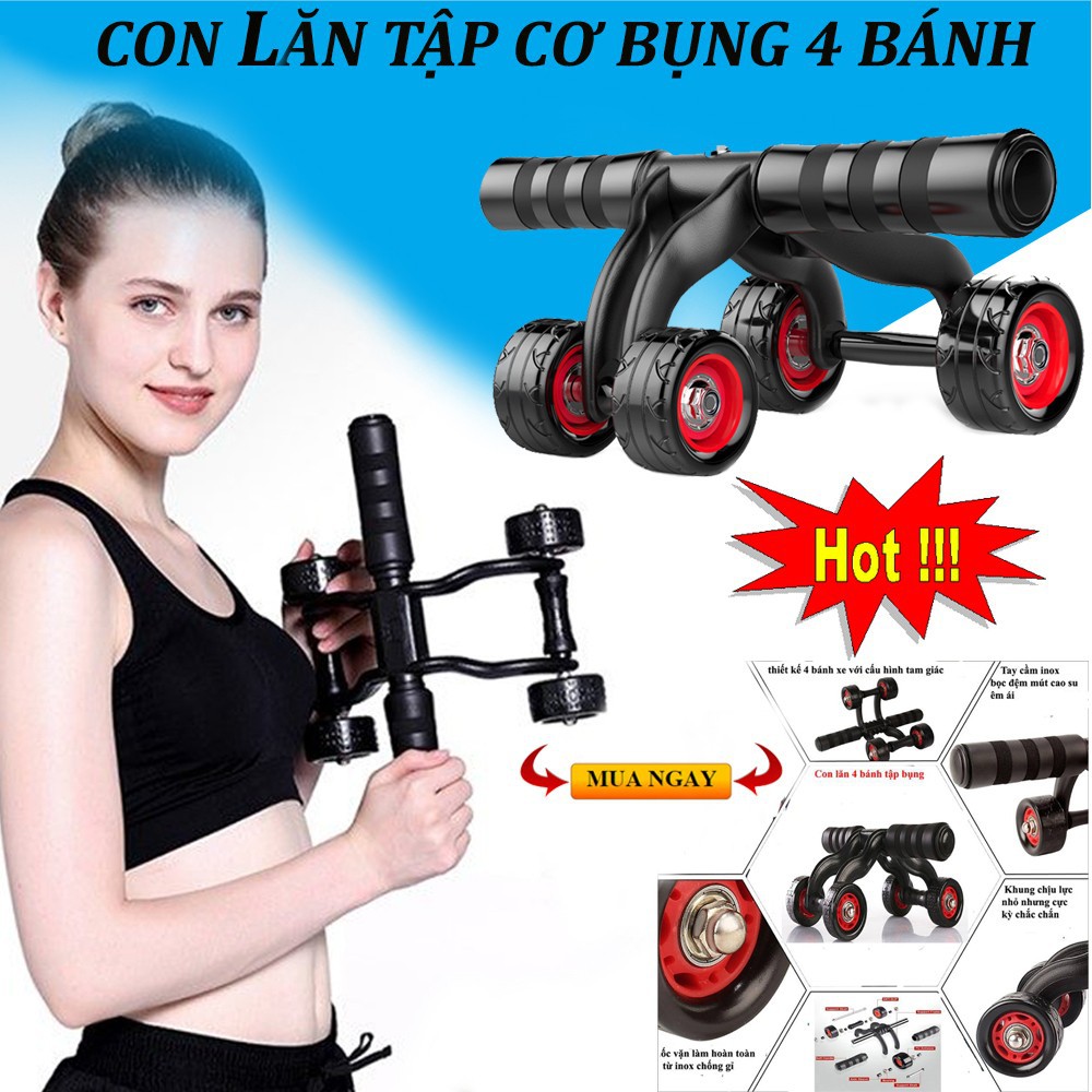 Con lăn tập bụng gym 4 bánh❤️ tặng miếng thảm quỳ ❤️ cao cấp, dùng cho cả vđv chuyên nghiệp, bảo hành 3 tháng .