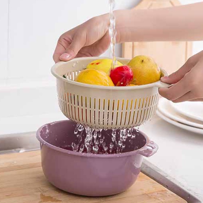 Set Rổ Và Chậu Rửa Rau Củ, Trái Cây S6 Hai Lớp - Rổ Để Thực Phẩm Ăn Lẩu Khô Ráo Có Lỗ Treo - Nhiều Size