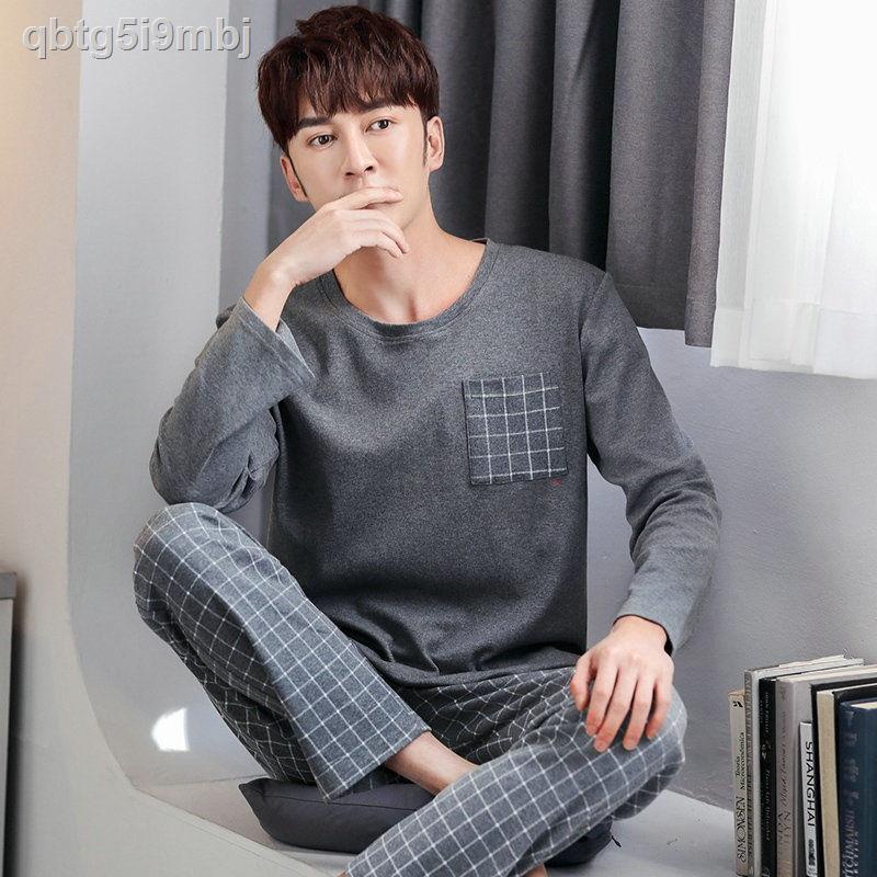 Bộ đồ ngủ nam cao cấp 100% cotton mùa xuân thu đông dài tay trẻ trung và niên quần áo mặc ở nhà thường
