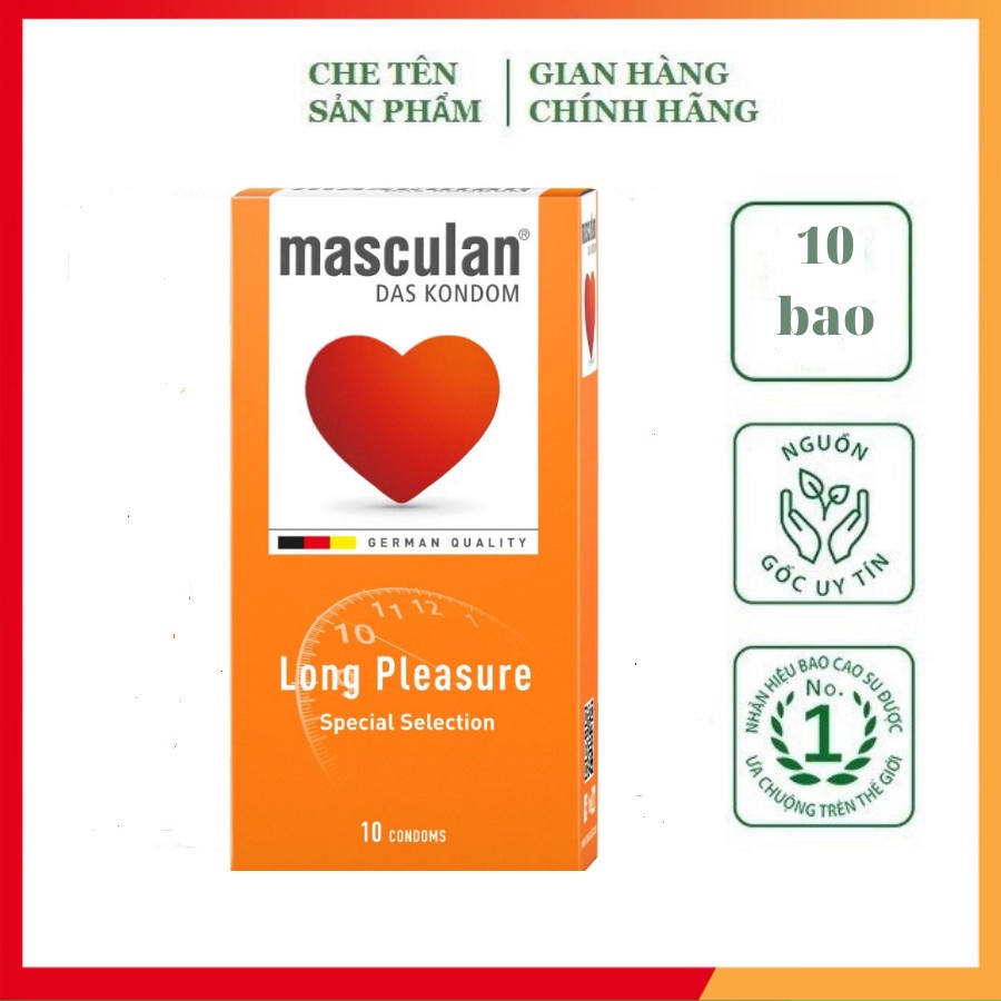 Bao cao su cao cấp Masculan Long Pleasure, bao cao su kéo dài thời gian, hộp 10 bcs