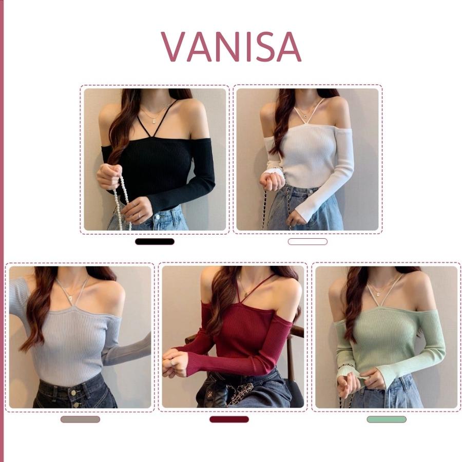 Áo kiểu cổ yếm nữ tay dài trễ vai chéo dây thun len tăm VANISA CT003