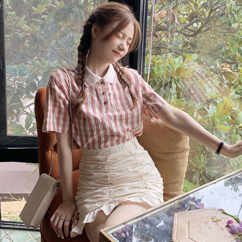 Bộ Áo Sơ Mi Ca Rô + Chân Váy Chữ A Lưng Cao Xinh Xắn Dành Cho Nữ