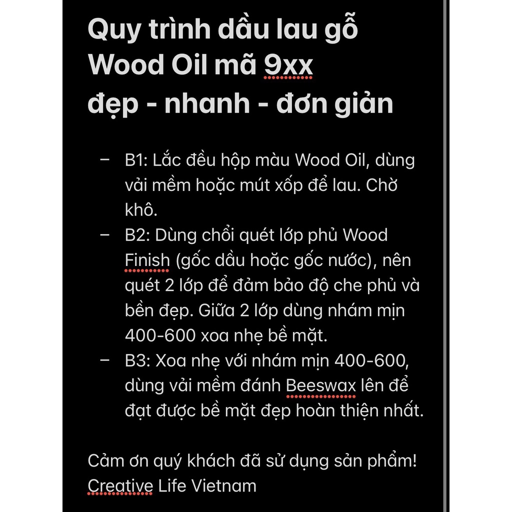 Combo dầu lau gỗ Wood Oil Creative Life Vietnam mã 9xx hoàn thiện bóng mờ