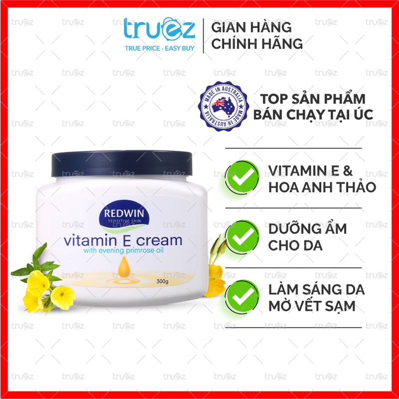 Kem dưỡng ẩm Vitamin E Cream có chứa tinh dầu hoa anh thảo Úc Redwin 300g [Chính hãng]