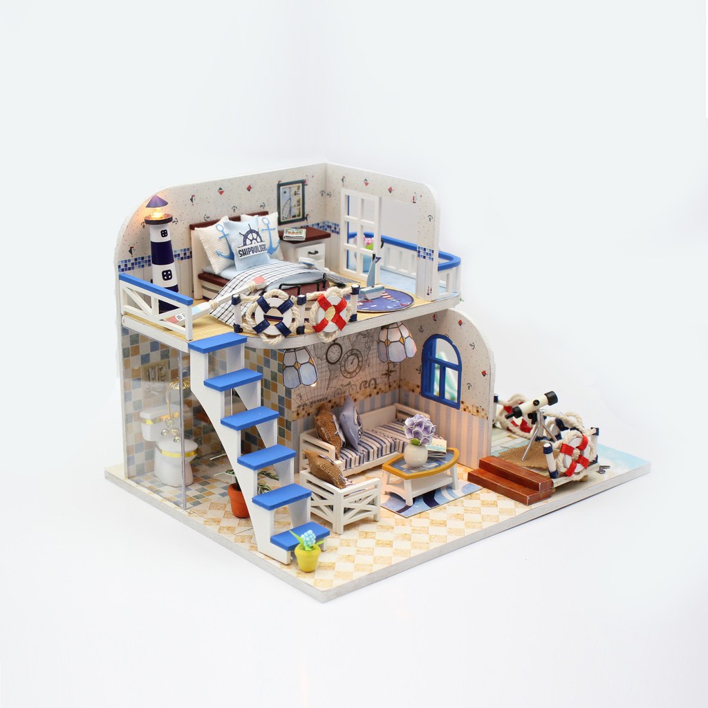 Mô hình nhà DIY Doll House Blue Coast Kèm Mica chống bụi, Bộ dụng cụ và Keo dán