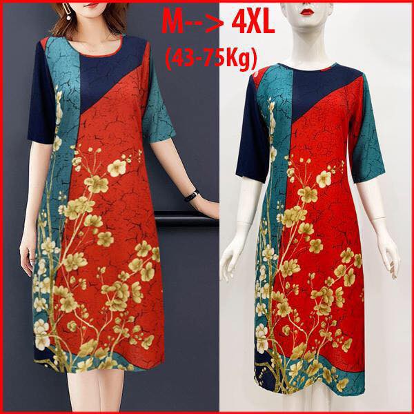 Đầm dự tiệc trung niên - Đầm suông in hoa mai vàng