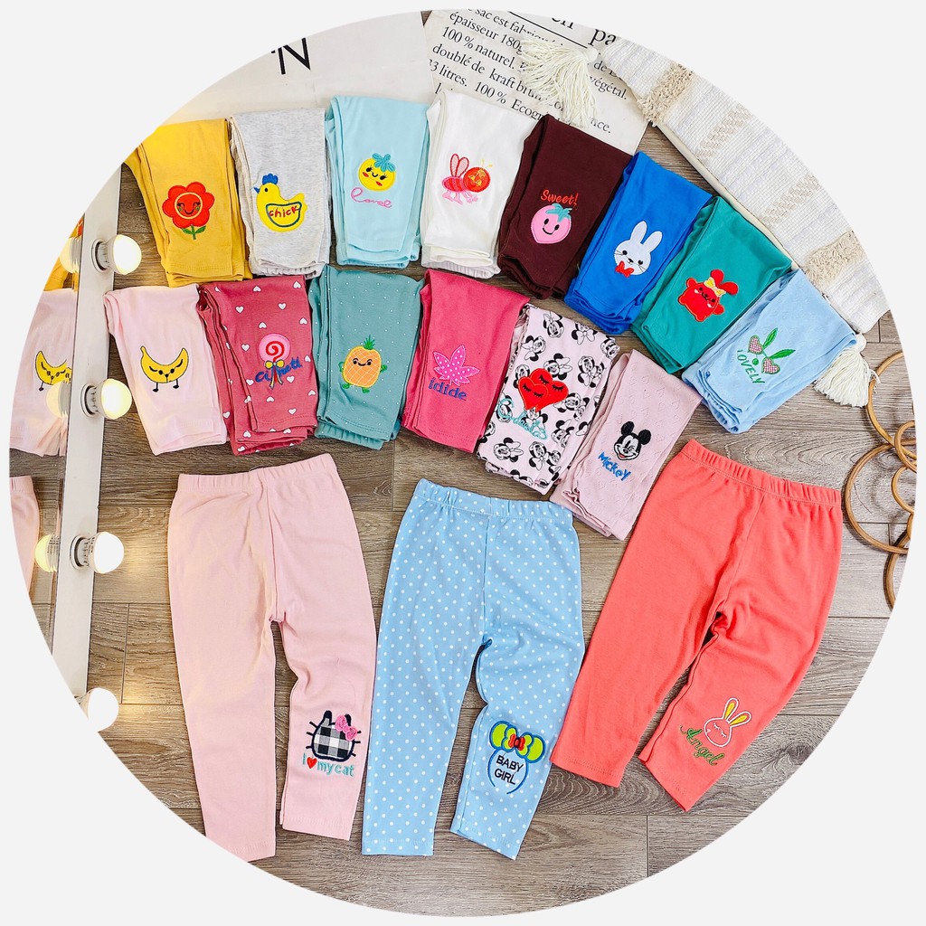 COMBO 3 Quần Legging Dài Thêu Nổi Xinh Xắn In Hình Đáng Yêu Cho Bé Gái 10-25Kg