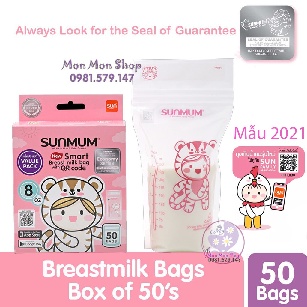 Túi trữ sữa, túi đựng sữa mẹ Sunmum 250ml Thái Lan 3 khóa zipper hộp 50 túi