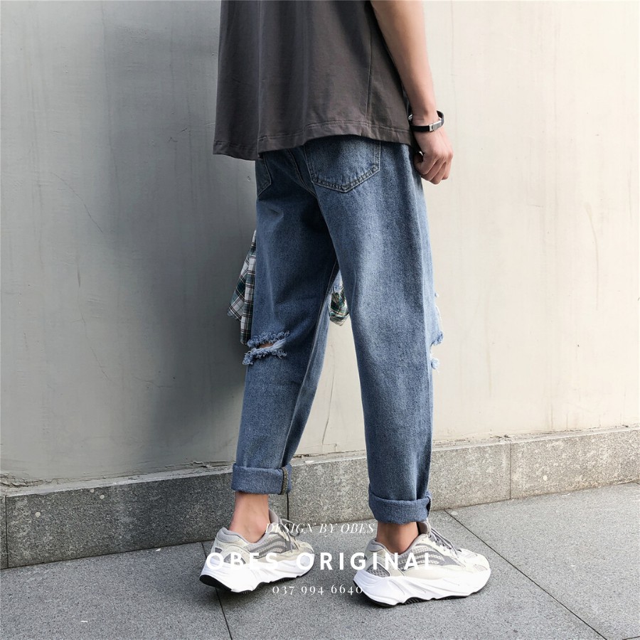 [Mã SKAMAP6 giảm 8% TỐI ĐA 50K đơn250K] [OBES] Quần jeans nam suông rộng rách gối mã QR204 | BigBuy360 - bigbuy360.vn